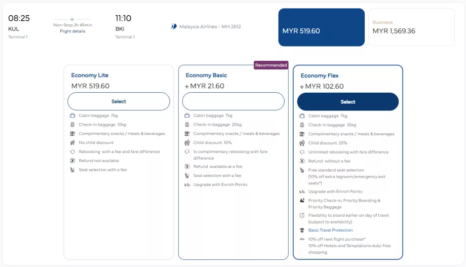 Malaysia Airlines - classes tarifárias