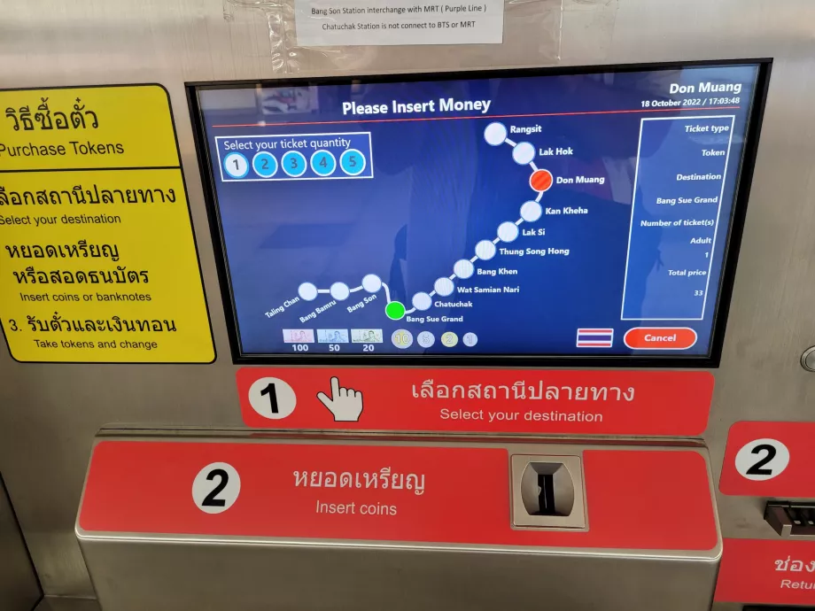 Detalhe da seleção de bilhetes (Bang Sue é o terminal da linha do aeroporto)