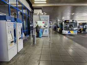 Vending machines and ticket office at the bus stop, Athens Airport