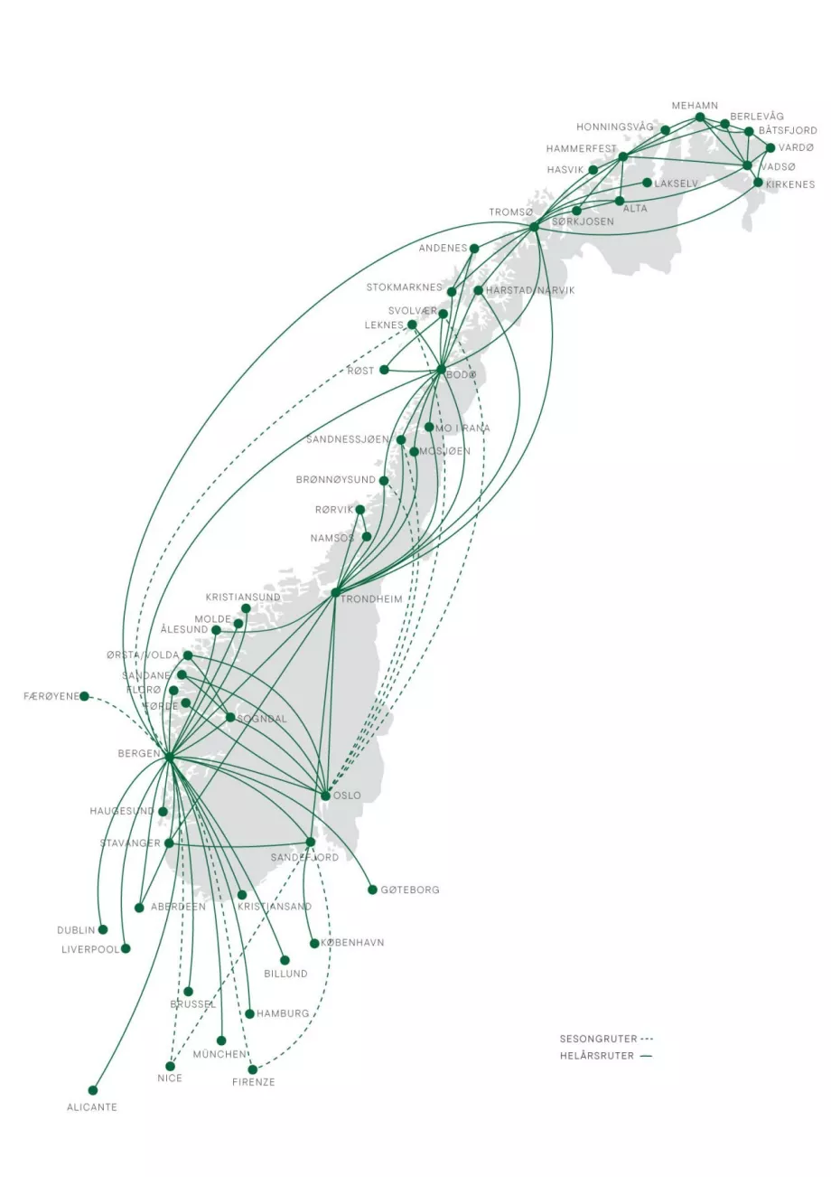 Mapa da rota de Wideroe