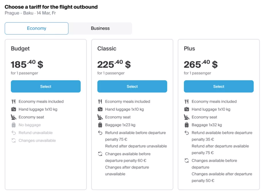 Classes tarifárias da Azerbaijan Airlines