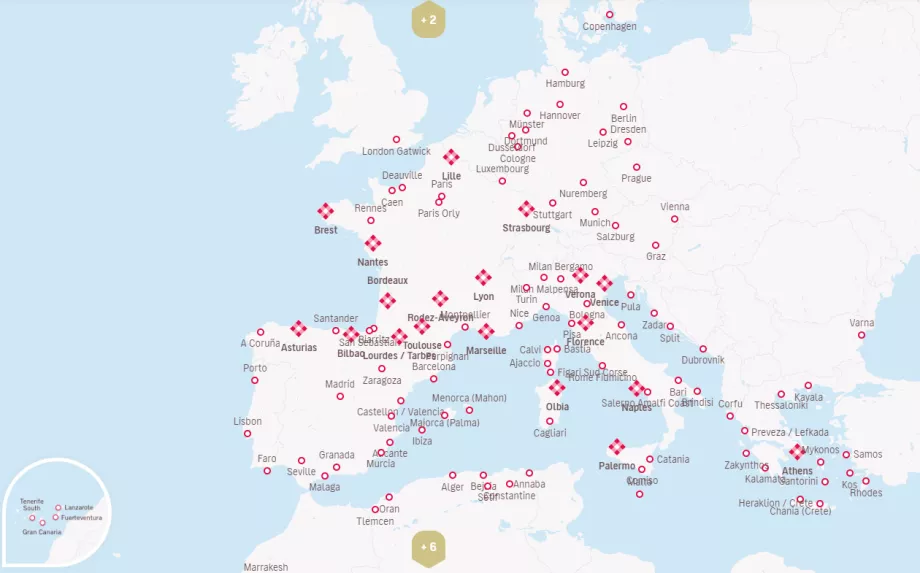 Mapa dos destinos de Volotea