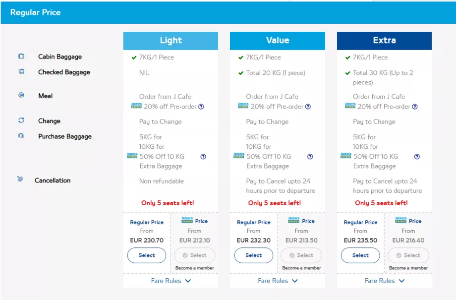 Classes tarifárias da Jazeera Airways