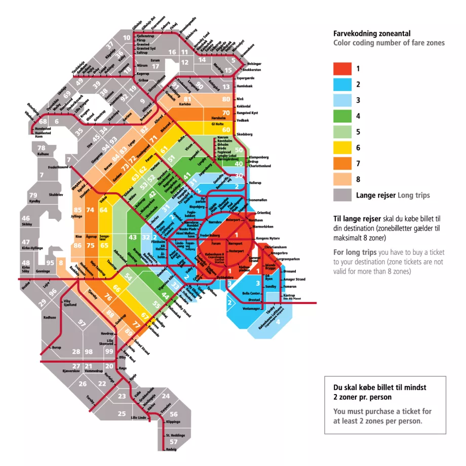 Mapa das zonas de transportes públicos em Copenhaga e arredores