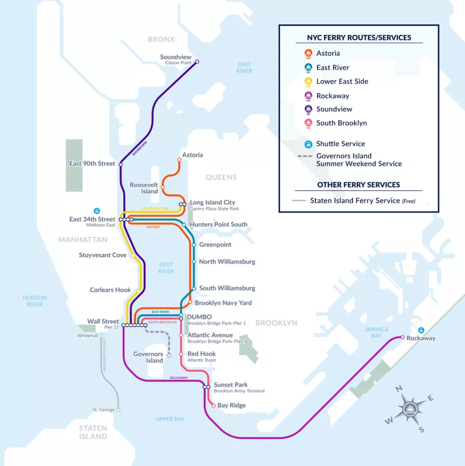 Mapa das ligações de barco em Manhattan