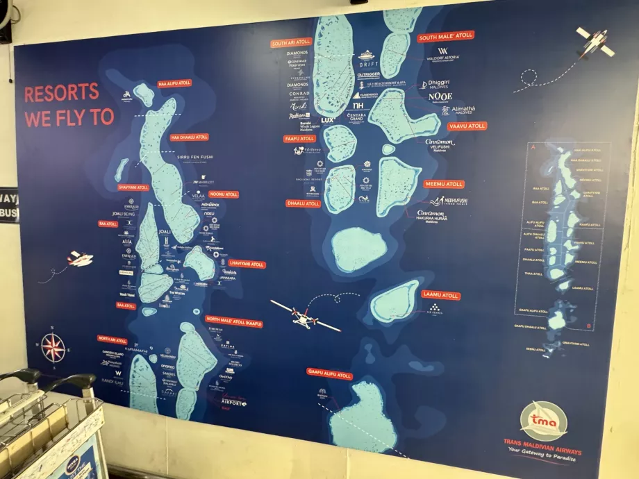 Mapa das rotas da Trans Maldivian Airways