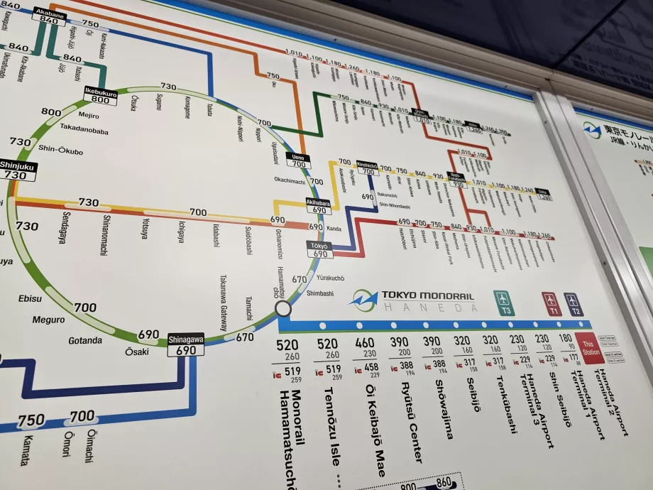 Monocarril + mapa de tarifas dos comboios JR