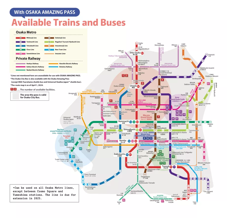 Mapa de ligações do Osaka Amazing Pass