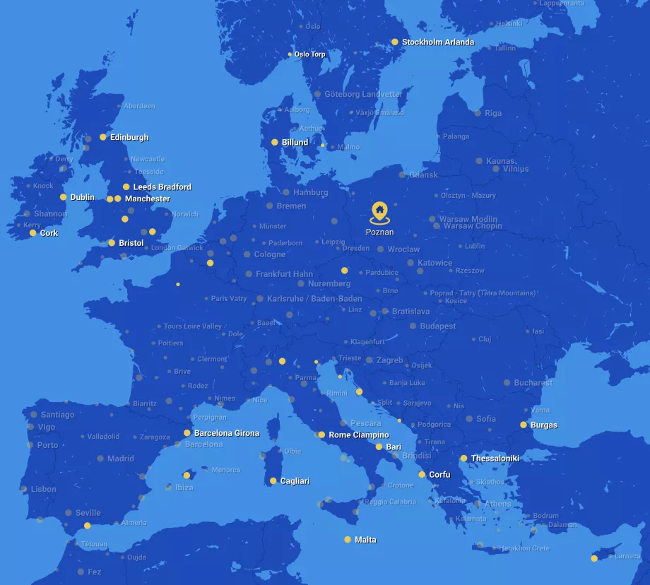 Mapa de rotas da Ryanair a partir do aeroporto de Poznan POZ