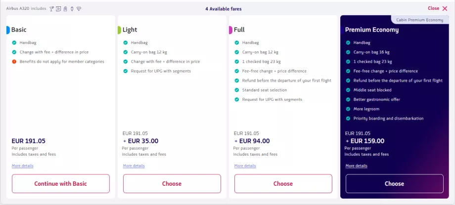 LATAM, comparação de tarifas